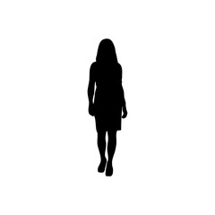 A silhouette of a woman with long hair and a dress walking forward on a white isolated background view
