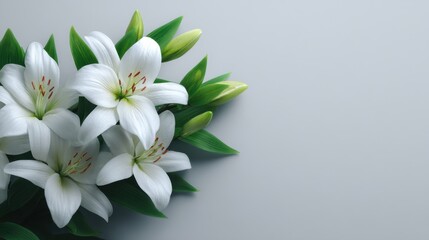 Fototapeta premium Elegant white lilies with fresh green foliage on a soft gray background, perfect for nature-inspired designs and floral arrangements