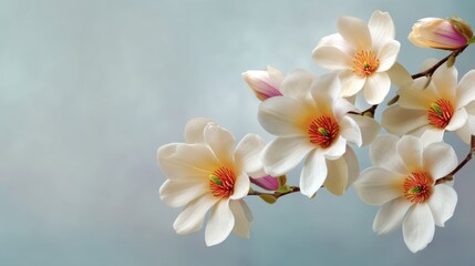 Fototapeta premium Elegant white flowers with orange and green center on a soft pastel background, capturing the beauty of nature in a serene and calming arrangement