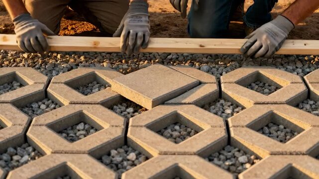 Medium shot of artisans arranging interlocking pavers demonstrating precise placement in a permeable pavement pattern for effective drainage.