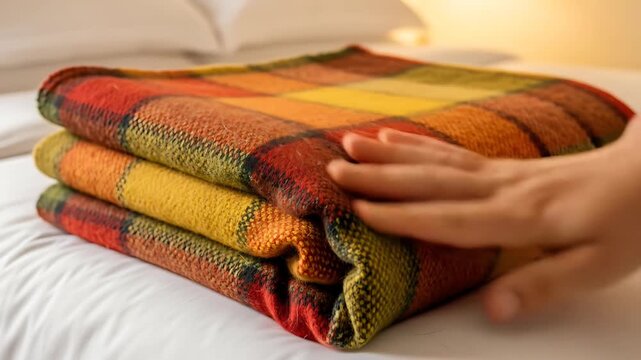 Cozy Plaid Blanket on Bed, Hand Smoothing Texture