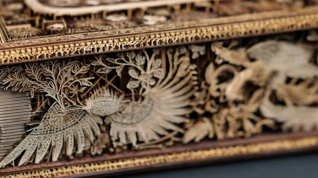 Closeup medium shot of detailed lasercut book sculptures revealing precise cuts and complex design elements reflecting artistic craftsmanship