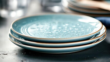 This image features a stack of uniquely designed blue plates, showcasing their artistic qualities, ideal for enhancing the visual appeal of any dining experience or table setting.