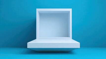 Minimalist White Display Box on Blue Background for Product Presentation and Creative Showcase with Clean Lines and Modern Aesthetics