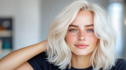 This close-up image captures the beauty of a young woman with white hair and freckles, highlighting her striking features and natural charm, ideal for lifestyle or beauty promotion.