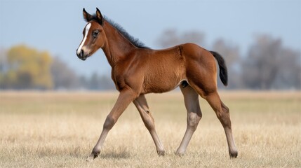 Fototapeta premium Beautiful Young Foal Walking Gracefully in a Lush Green Pasture Under Clear Blue Sky with Vibrant Autumn Trees in the Background