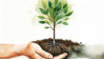 Watercolor depiction of a sapling tree with roots in soil, cradled in hands. Light background