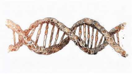 Watercolor depiction of a DNA double helix, detailed with natural tones, set against a white backdrop