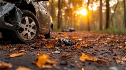A wrecked car rests on a gravel forest road, surrounded by fallen autumn leaves, illuminated by a dramatic sunset that symbolizes loss and the passage of time within nature's embrace.