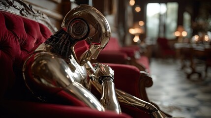 A shiny humanoid robot rests thoughtfully in an opulent room, portraying the intersection of technology and emotions, inviting contemplation on artificial intelligence and human-like qualities.