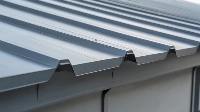 Gray metal roof gliding shot, showing monochromatic texture and sleek design. Modern construction, architecture, and uniform material.
