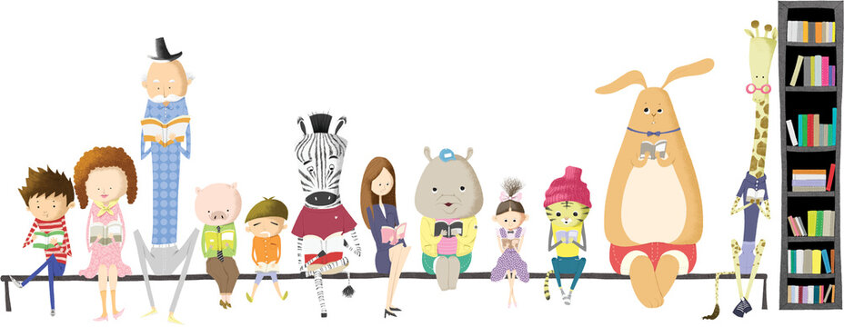 People and animals reading books together - Powered by Adobe