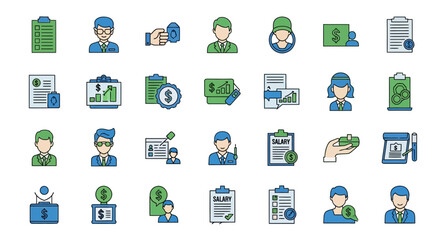 Business and finance icons set, depicting accounting, salary, and employee management topics