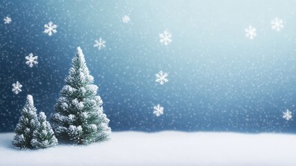 Snow covered fir trees standing on a white snowfield with falling snow and a blue gradient sky, offering copy space