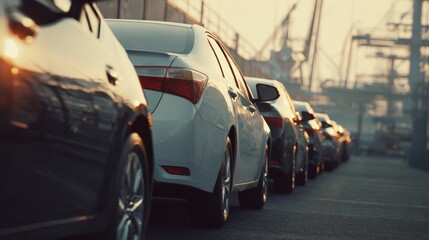 Naklejka premium Row of Cars Parked in a Sunset Industrial Setting
