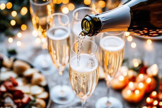 Champagne bottle pouring sparkling wine into a glass during a festive celebration with bokeh lights and copy space