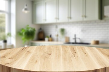 Kitchen wood table for product display in modern interior.