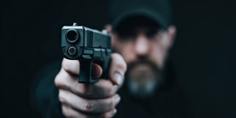 Man Pointing Handgun at Camera in Dramatic Lighting