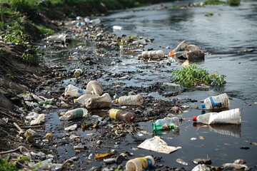A striking close-up of a polluted riverbank, littered with various wastes, presents a raw depiction of environmental deterioration while evoking a sense of urgency for change and rehabilitation effor