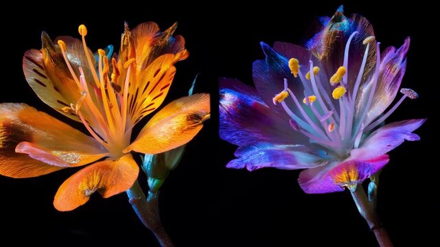 Researchers document and analyze distinctly colored flower mutants under bright lighting to track genetic changes during mutation breeding processes.
