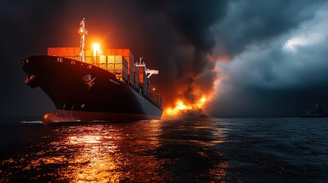 A dramatic cargo ship illuminates the dark waters while flames rage in the background, creating a stunning contrast of light and shadow against a furious sky and turbulent waters. - Powered by Adobe