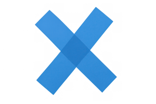 Blue masking tape forming an x or cross mark for deletion, cancellation, error, or correction, on transparent background