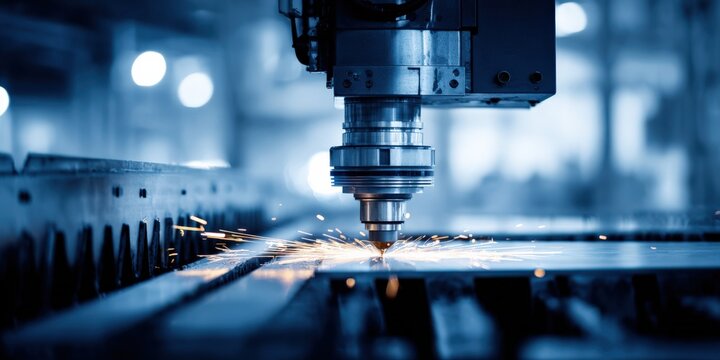 Industrial CNC Machine Producing Sparks While Cutting Metal - Powered by Adobe