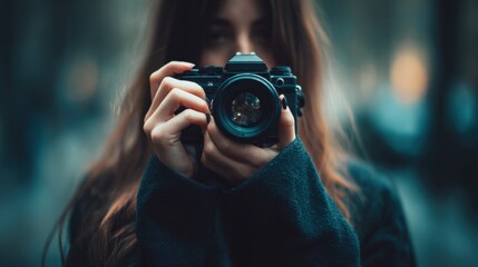 Woman Holding Camera in Outdoor Urban Setting