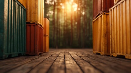 Glowing golden sunlight filters through trees, illuminating vibrant stacks of shipping containers, representing industrialization's impact on nature and the environment harmoniously.