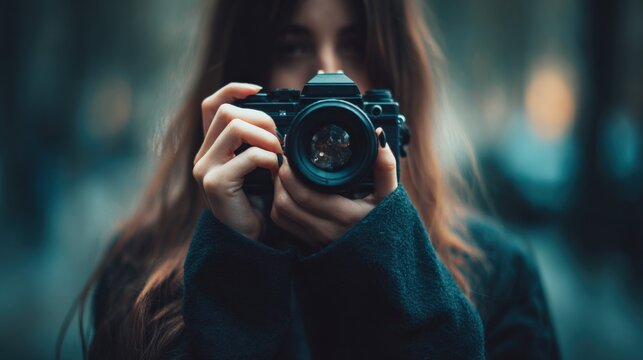 Woman Holding Camera in Outdoor Urban Setting - Powered by Adobe