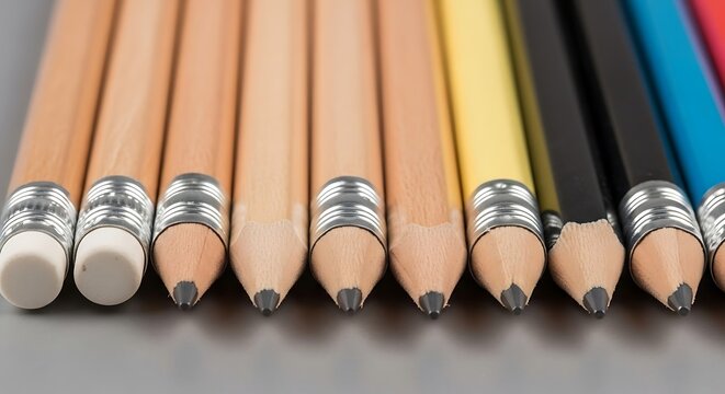 Colorful Wooden Pencils Arranged in Row on Gray Surface Still Life