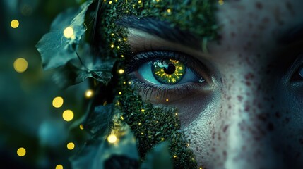 This captivating portrait of a woman features moss and foliage intricately framing her eye, symbolizing the connection between nature and human essence in an enchanting scene.