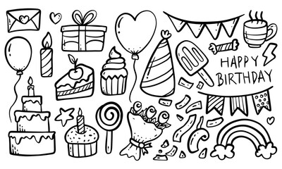 Doodles of elements for a happy birthday theme. Suitable for greeting cards, party invitations, posters, and social media graphics.