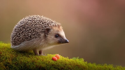 Adorable hedgehog standing on vibrant green moss with small red berries in a serene woodland setting during a soft golden hour light