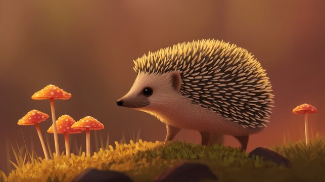 Cute hedgehog standing next to colorful mushrooms in a dreamy forest setting, soft lighting creates a magical atmosphere of nature and adventure