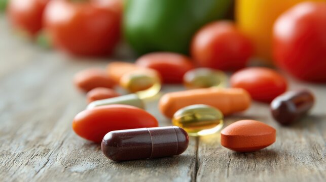 Assorted Dietary Supplements and Fresh Vegetables on Wooden Table