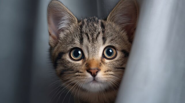 Curious tabby kitten peeking from behind a light curtain with big expressive eyes capturing the essence of innocence and playfulness in an indoor setting