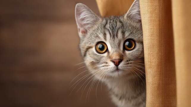 Curious tabby kitten peeking from behind a curtain with bright eyes and soft fur in a cozy indoor setting capturing the essence of feline charm and playfulness - Powered by Adobe