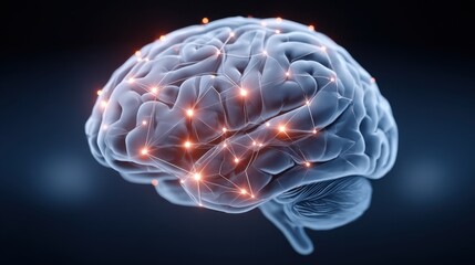 Artistic visualization of human brain connected with glowing neural circuits and digital nodes, dark blue background with neon accents, concept of AI and neuroscience