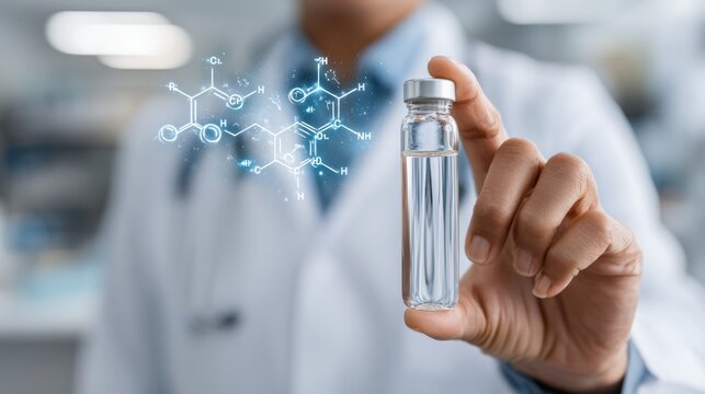 Scientist holding a vial of glowing liquid with molecular structures projected above, futuristic lab background, concept of regenerative medicine