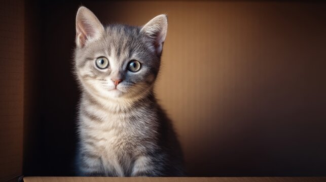 Adorable gray tabby kitten sitting inside a cardboard box with bright eyes looking curiously at the camera in soft, warm lighting, perfect for pet lovers