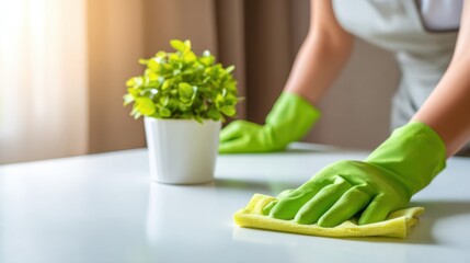 Person Cleaning Table with Green Gloves and Potted Plant