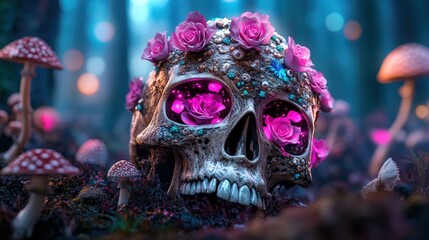 An intricate skull with vivid roses and sparkling gems showcases the allure of life within death, inviting viewers into a magical world where beauty and eeriness coexist.