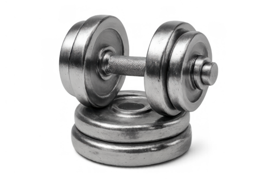Adjustable metal dumbbell with weight plates representing strength training, fitness, and bodybuilding on transparent background