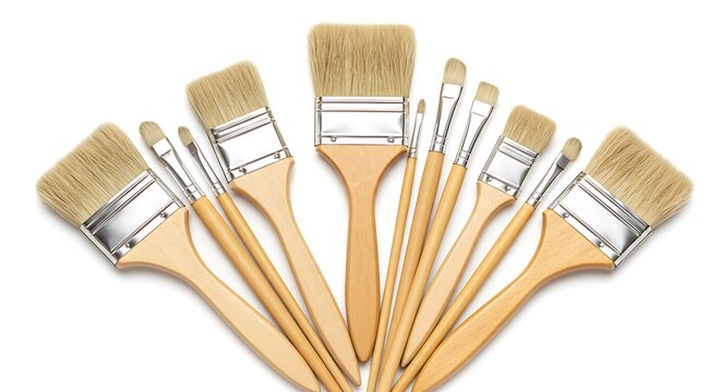 Array of New Paintbrushes Fanned Out on White Background, Studio Shot, Art Supplies. - Powered by Adobe