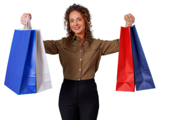 Happy woman holding colorful shopping bags showcasing successful retail purchases and consumer experience, transparent background