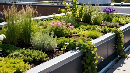 Medium shot of intensive green roof garden with a variety of plants showing diverse vegetation and system complexity on a building rooftop