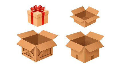 Fototapeta premium Vector illustration&nbsp;of collection of cardboard boxes, one giftwrapped, isolated on transparent background
