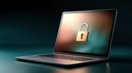 Laptop screen displaying data security padlock symbol, copy space