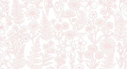 Delicate Pastel Floral Pattern with Intricate Line Art and Subtle Color Washes.